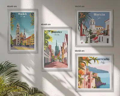 Keretezett poliptichon színes európai városok illusztrációival