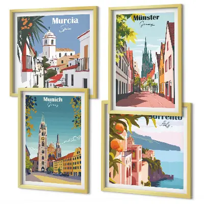 Keretezett poliptichon színes európai városok illusztrációival