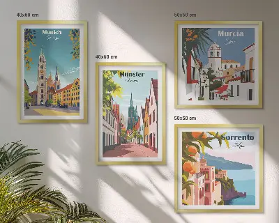 Keretezett poliptichon színes európai városok illusztrációival