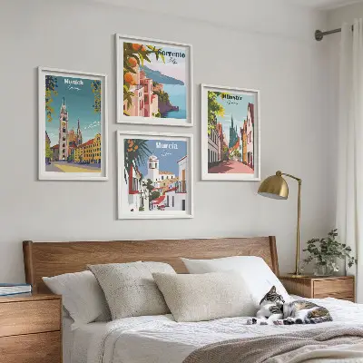 Keretezett poliptichon színes európai városok illusztrációival