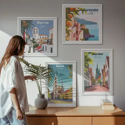 Keretezett poliptichon színes európai városok illusztrációival