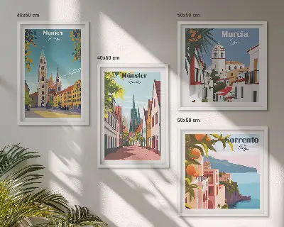 Keretezett poliptichon színes európai városok illusztrációival