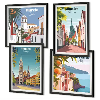Keretezett poliptichon színes európai városok illusztrációival