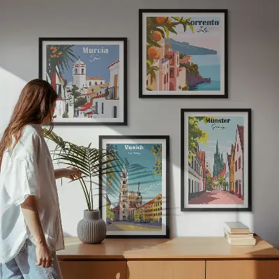 Keretezett poliptichon színes európai városok illusztrációival