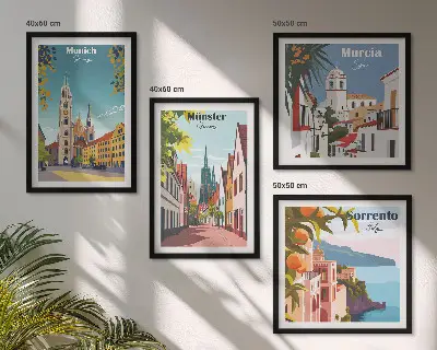 Keretezett poliptichon színes európai városok illusztrációival
