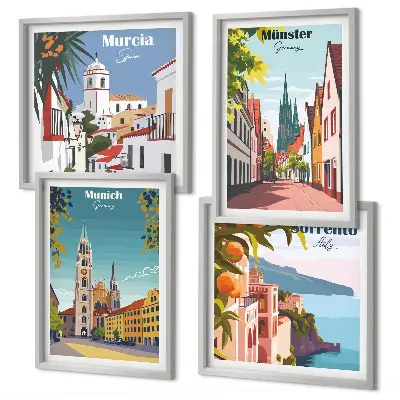 Keretezett poliptichon színes európai városok illusztrációival