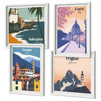 Keretezett poliptichon hegyeket ábrázoló retro építészeti illusztrációkkal