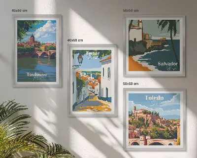 Retro városi grafika dekorációs képkészlet nappaliba