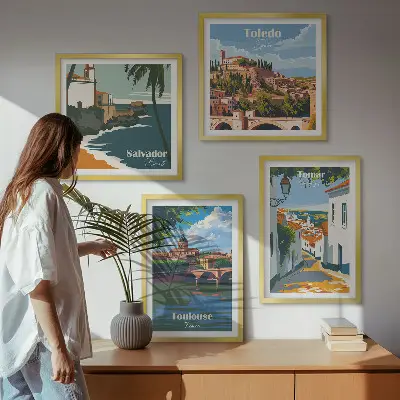 Retro városi grafika dekorációs képkészlet nappaliba