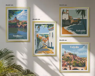 Retro városi grafika dekorációs képkészlet nappaliba