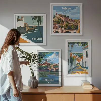 Retro városi grafika dekorációs képkészlet nappaliba