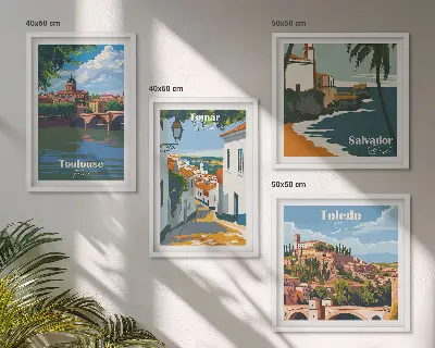 Retro városi grafika dekorációs képkészlet nappaliba
