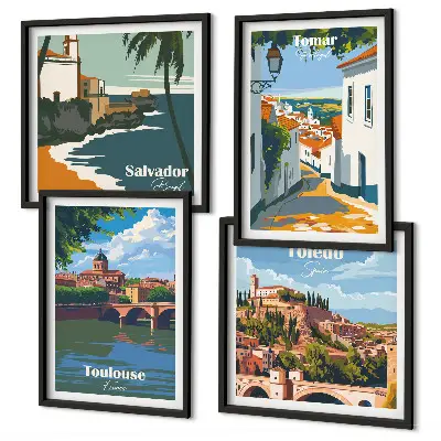 Retro városi grafika dekorációs képkészlet nappaliba