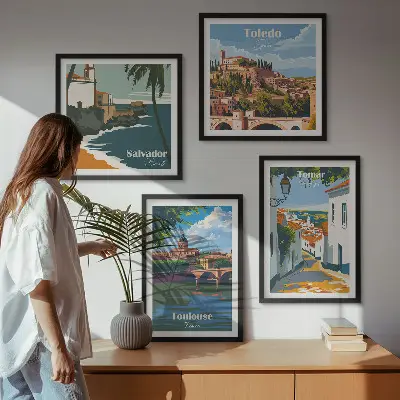 Retro városi grafika dekorációs képkészlet nappaliba