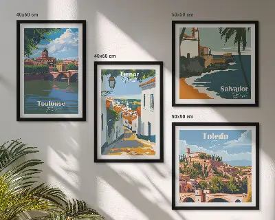 Retro városi grafika dekorációs képkészlet nappaliba