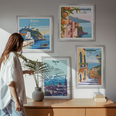 Keretezett poliptichon Retro városok színes illusztrációi