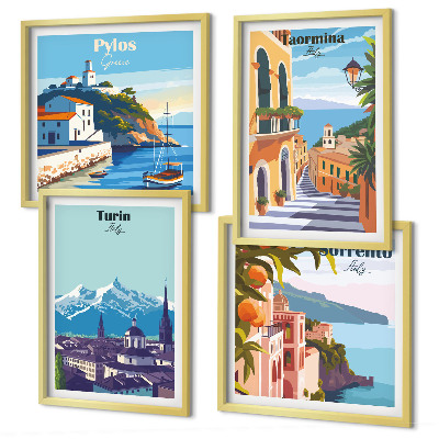 Keretezett poliptichon Retro városok színes illusztrációi