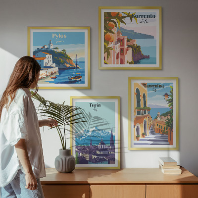 Keretezett poliptichon Retro városok színes illusztrációi