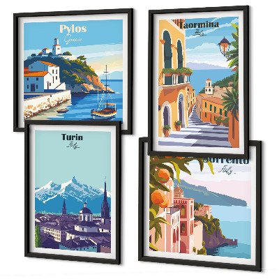 Keretezett poliptichon Retro városok színes illusztrációi