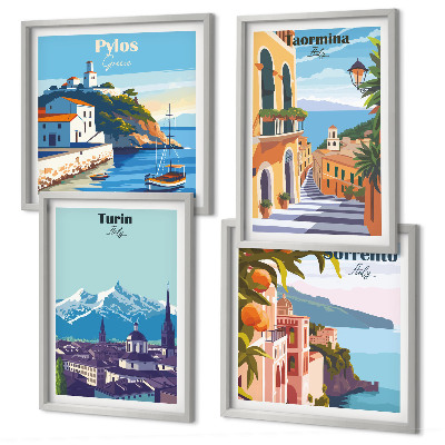 Keretezett poliptichon Retro városok színes illusztrációi