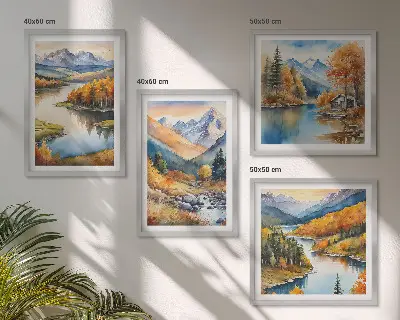 Dekorációs képszett nappaliba hegyi kilátás folyó őszi táj képpel