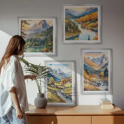 Keretezett poliptichon hegyi táj folyóparti házikókkal