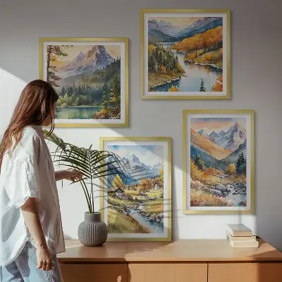 Keretezett poliptichon hegyi táj folyóparti házikókkal