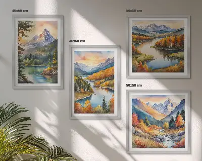 Hegyi tájak folyóval dekorációs kép készlet nappaliba