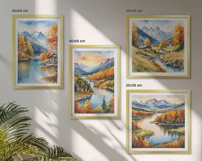 Őszi hegyek folyóparti házikó keretezett poliptichon