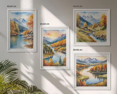 Őszi hegyek folyóparti házikó keretezett poliptichon