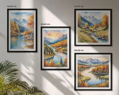 Őszi hegyek folyóparti házikó keretezett poliptichon