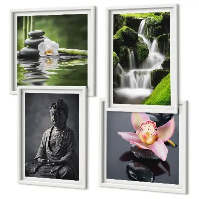 Dekorációs képkészlet nappaliba Zen stílusú festmények vízzel, kövekkel és Buddhával