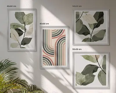 Geometrikus növényi motívumokat ábrázoló dekorációs képkészlet nappaliba szánt kivitel