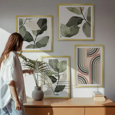Geometrikus növényi motívumokat ábrázoló dekorációs képkészlet nappaliba szánt kivitel