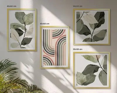 Geometrikus növényi motívumokat ábrázoló dekorációs képkészlet nappaliba szánt kivitel