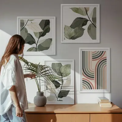Geometrikus növényi motívumokat ábrázoló dekorációs képkészlet nappaliba szánt kivitel