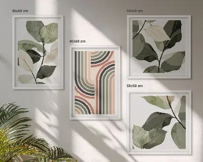 Geometrikus növényi motívumokat ábrázoló dekorációs képkészlet nappaliba szánt kivitel