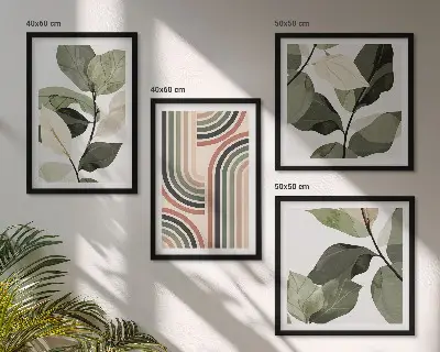 Geometrikus növényi motívumokat ábrázoló dekorációs képkészlet nappaliba szánt kivitel