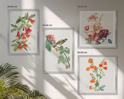 Keretes poliptichon festett virágok és retro madár mintával