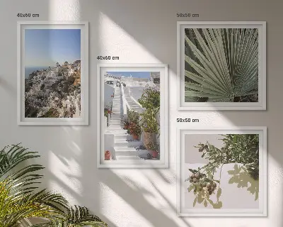 Dekorációs képszett nappaliba Santorini fehér lépcsők látképe