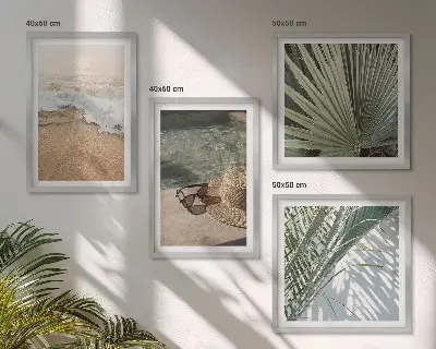 Vízparti strandkalap és napszemüveg mintás keretezett poliptichon többrészes falikép