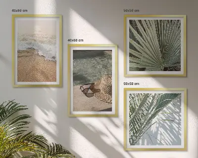 Vízparti strandkalap és napszemüveg mintás keretezett poliptichon többrészes falikép