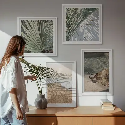 Vízparti strandkalap és napszemüveg mintás keretezett poliptichon többrészes falikép