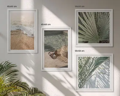 Vízparti strandkalap és napszemüveg mintás keretezett poliptichon többrészes falikép