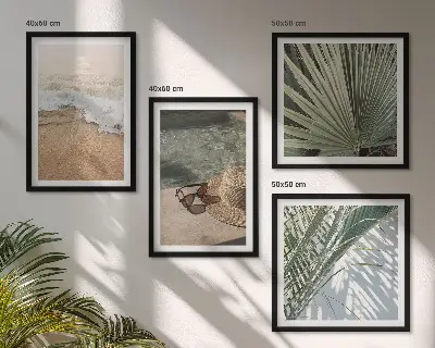 Vízparti strandkalap és napszemüveg mintás keretezett poliptichon többrészes falikép