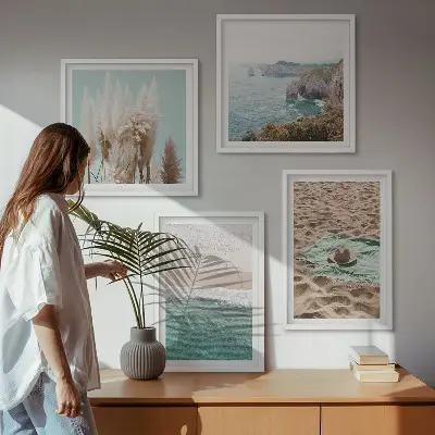 Dekorációs kép szett nappaliba strandhullámos fűkalap mintával