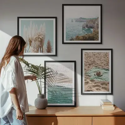 Dekorációs kép szett nappaliba strandhullámos fűkalap mintával