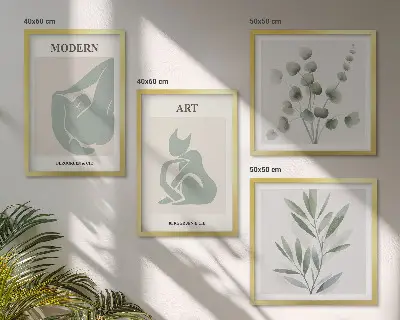 Keretezett poliptichon növényi motívumok finom zöld színben