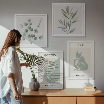 Keretezett poliptichon növényi motívumok finom zöld színben