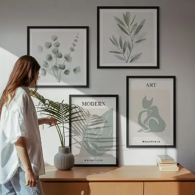 Keretezett poliptichon növényi motívumok finom zöld színben